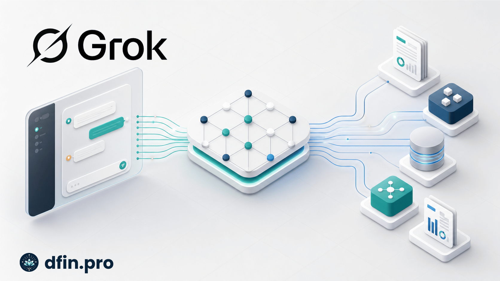 Illustration of Grok connected to dfin.pro through an MCP data workflow