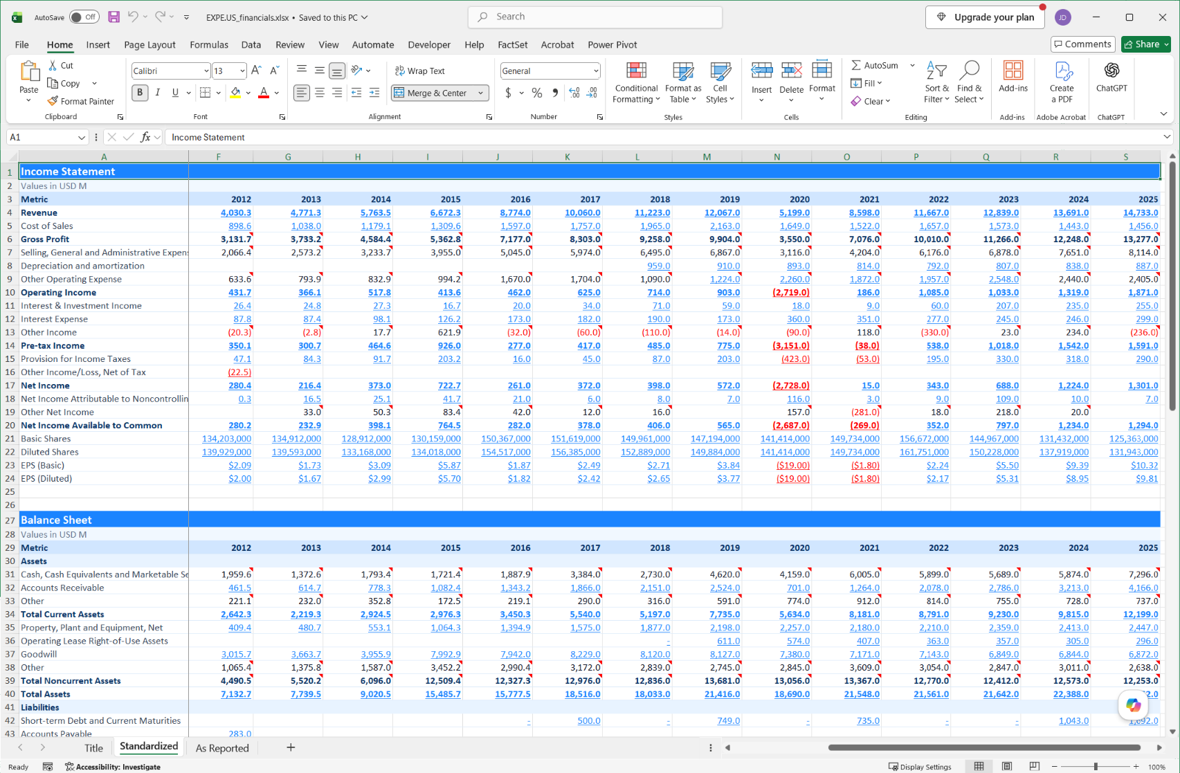 DFin financials exported to an Excel workbook with standardized and as-reported worksheets