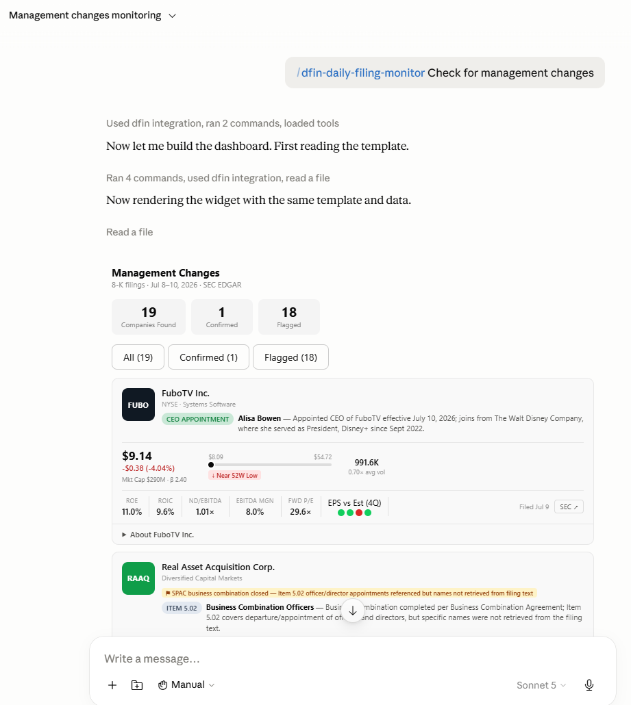 The dfin.pro MCP scanning recent 8-K filings for management changes across companies