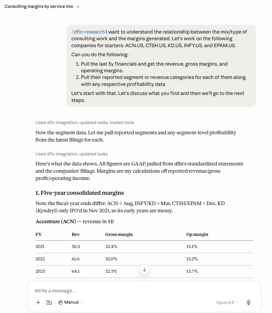 An AI agent using the dfin.pro MCP to pull five years of financials and segment margins across Accenture, Cognizant, Kyndryl, Infosys, and EPAM