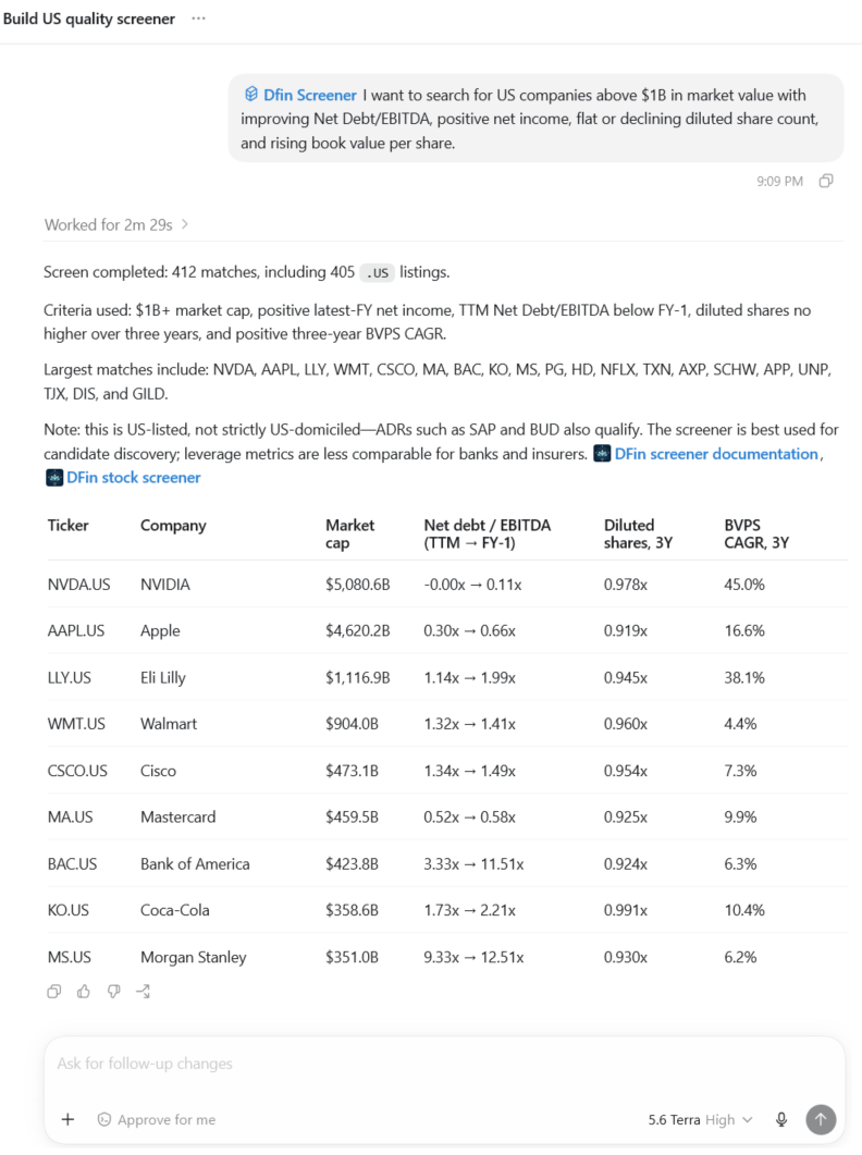 The dfin.pro MCP running a natural-language stock screen and returning 412 matching companies