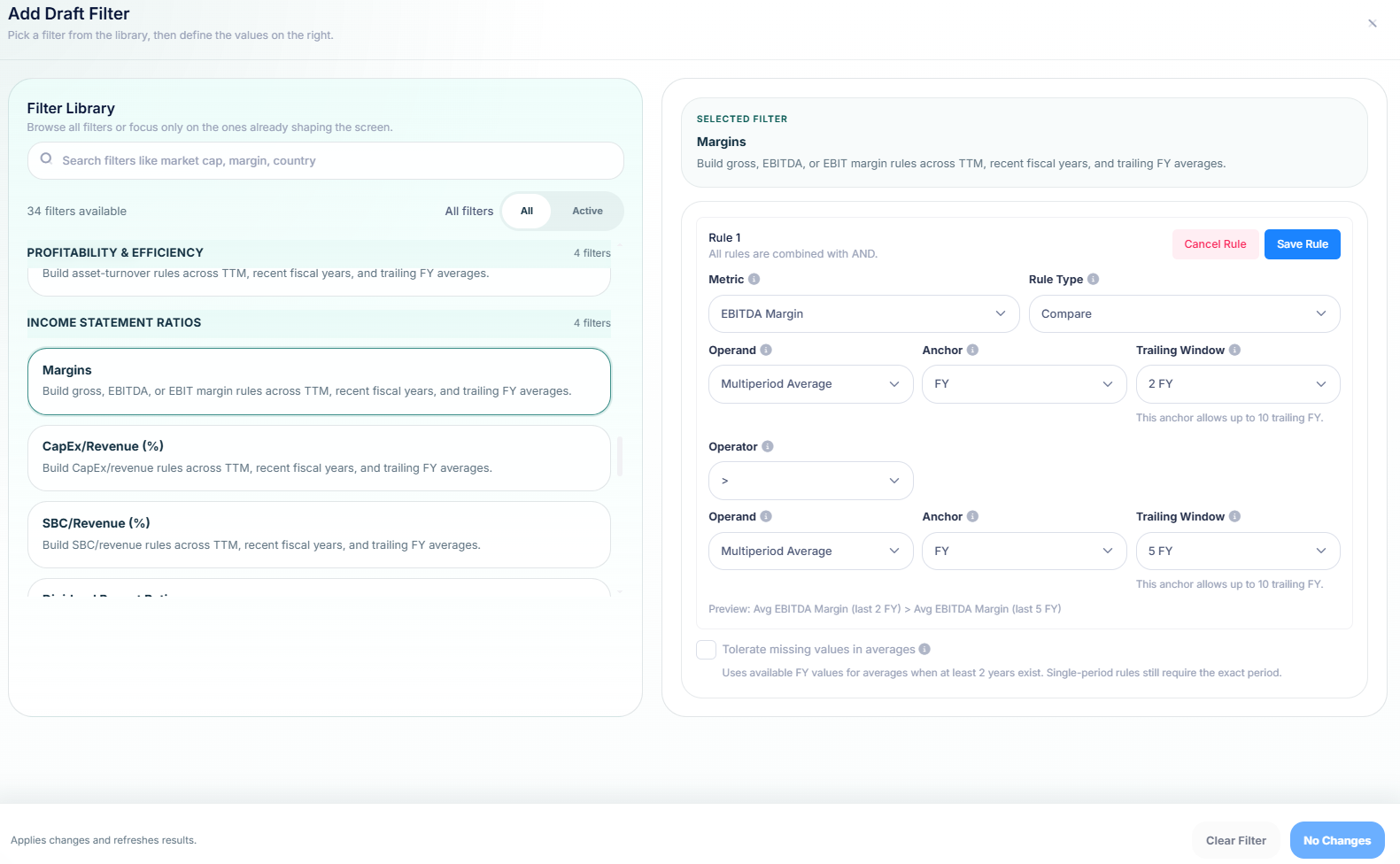 DFin screener filter builder for margin rules and multi-period comparisons