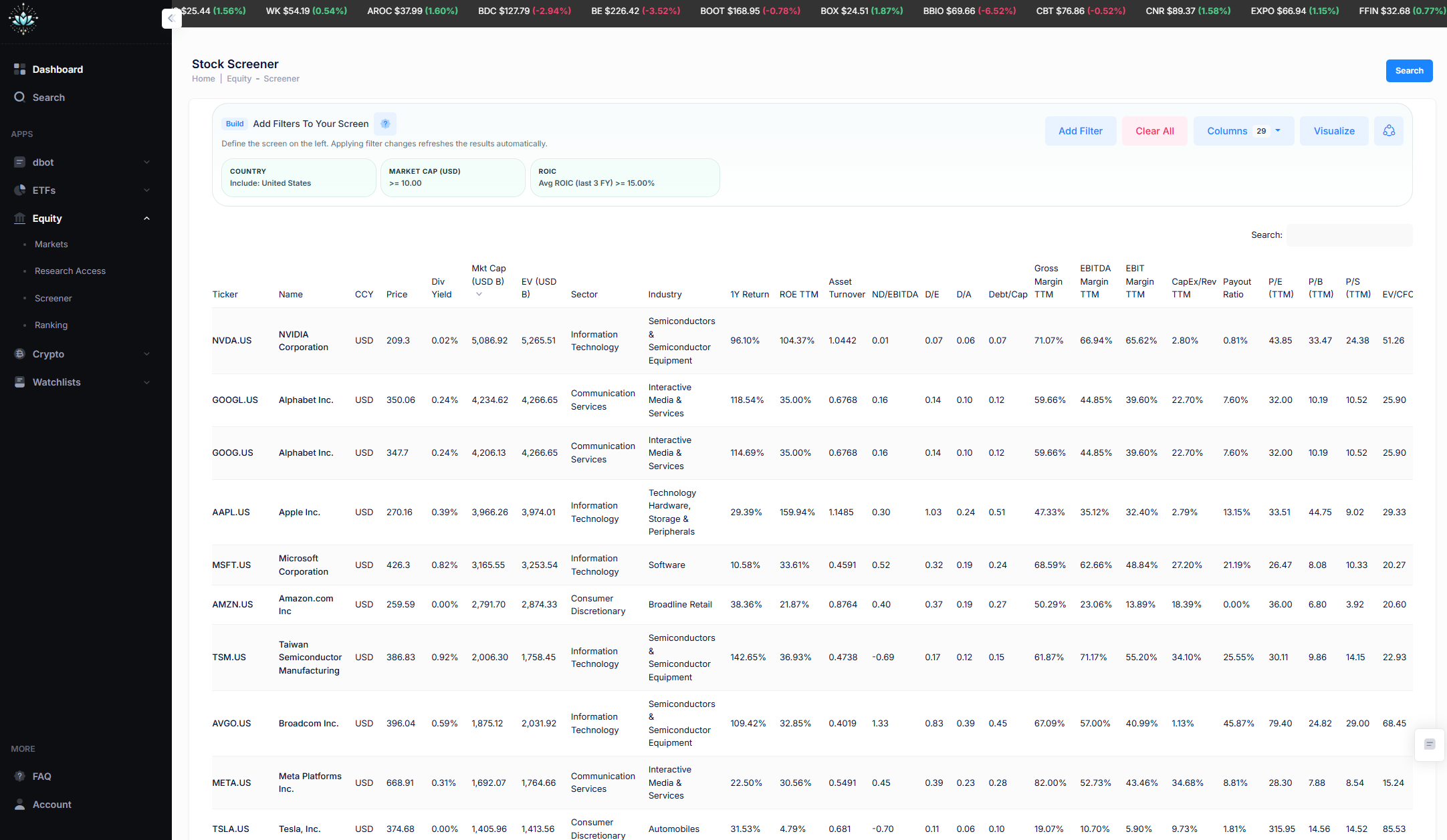 DFin screener results table showing company fundamentals and valuation columns